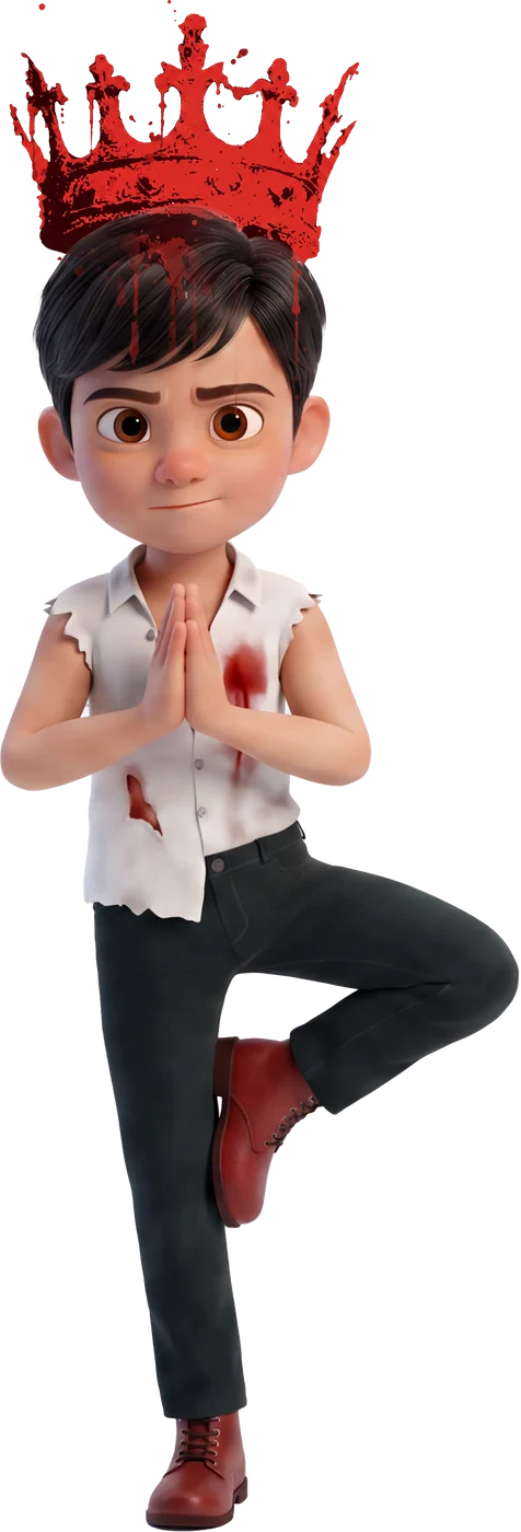 Young Shah Rock Jaan wearing a red crown, standing on one leg, hands joined