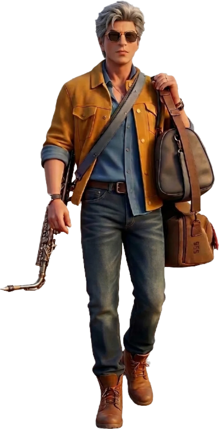 The King walking forward, saxophone in one hand, bags on his shoulder