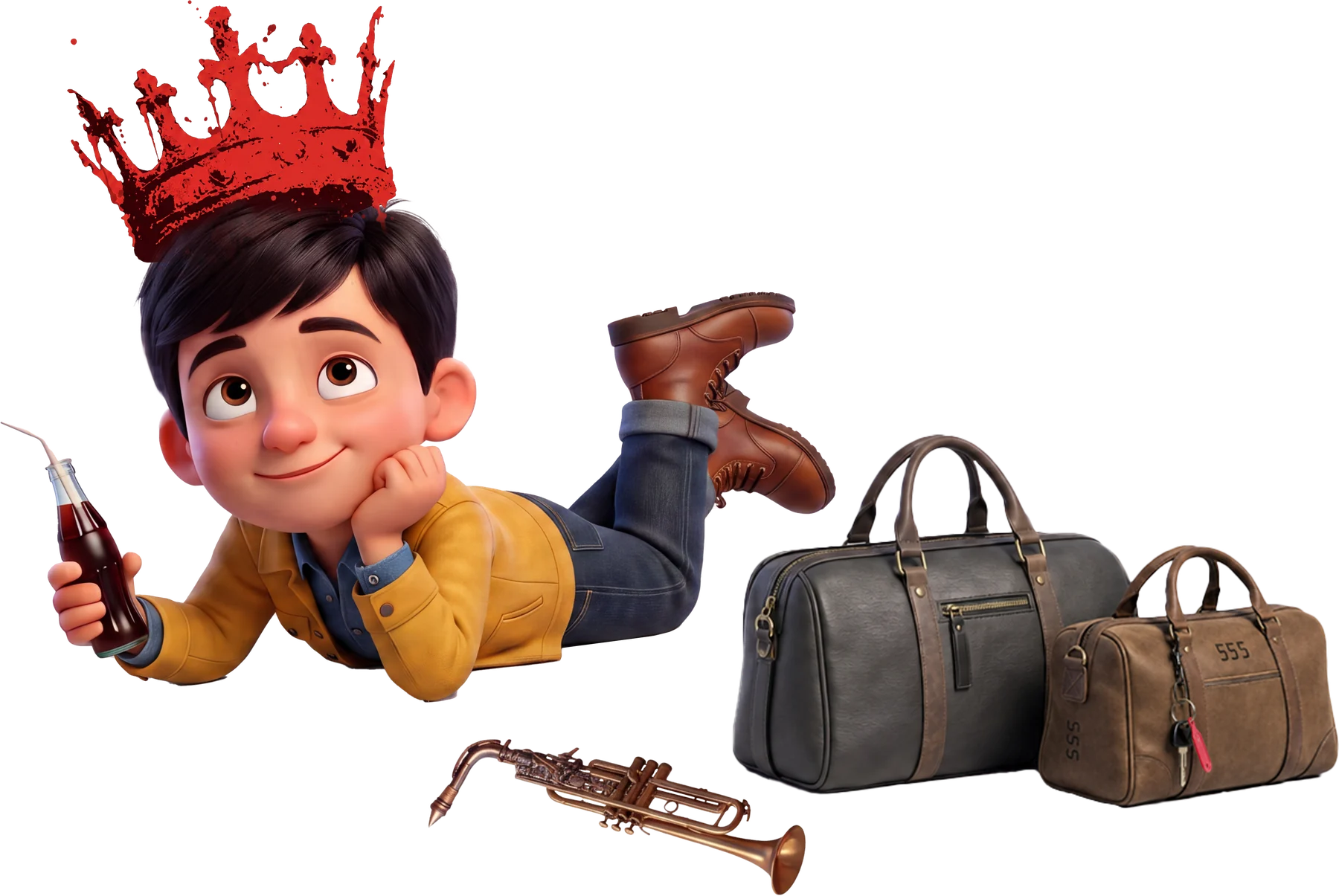 Young Shah Rock Jaan lying on the floor dreaming, a crown above him, a trumpet and two bags beside him